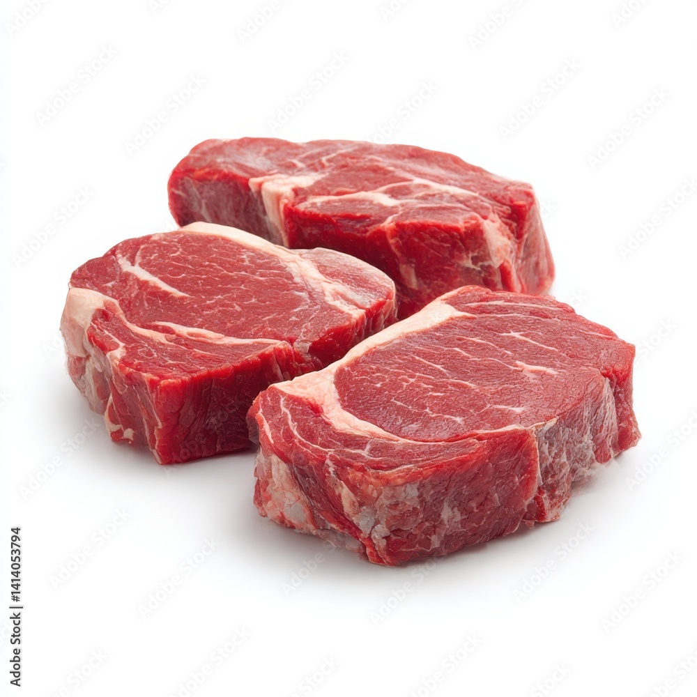 Close up view of three raw beef steaks isolated on white background Close up view of three raw beef steaks isolated on white background