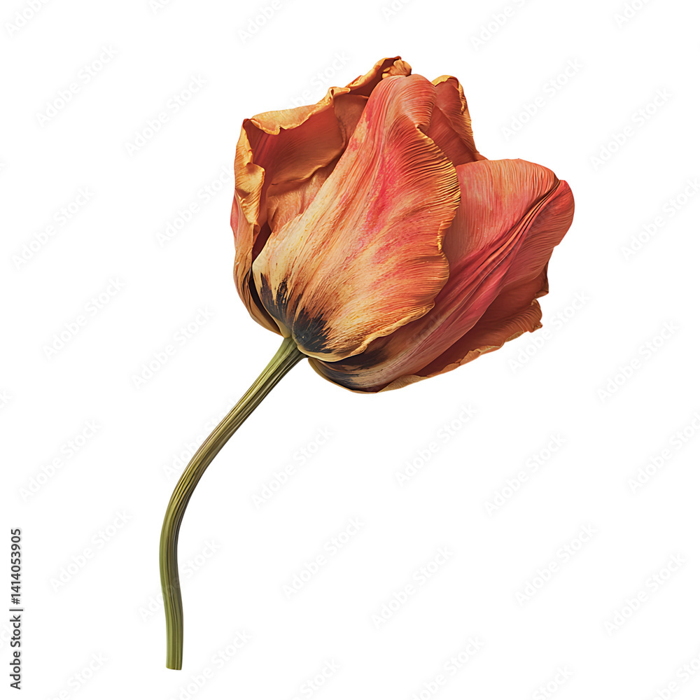 Dried tulip flower with curled petals upright stem and detailed texture showing delicate aging and botanical structure on a transparent background