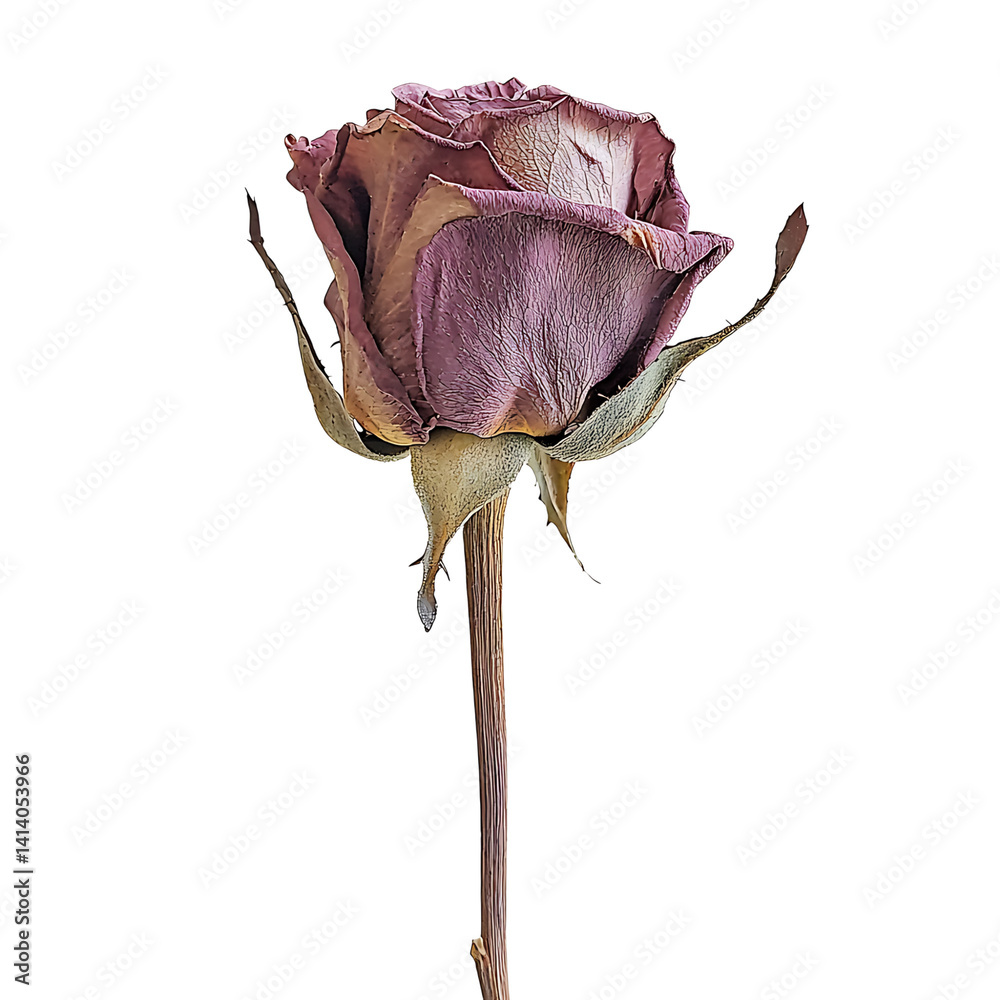 Dried pink rose with curled petals visible stem and brownish leaves showing natural withering and aging process in high detail on a transparent background