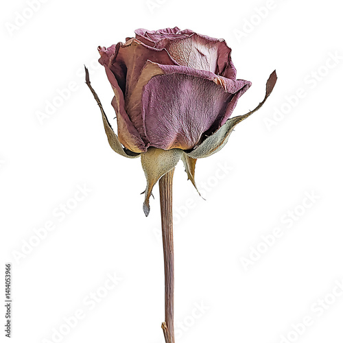 Obraz na płótnie Dried pink rose with curled petals visible stem and brownish leaves showing natural withering and aging process in high detail on a transparent background w salonie