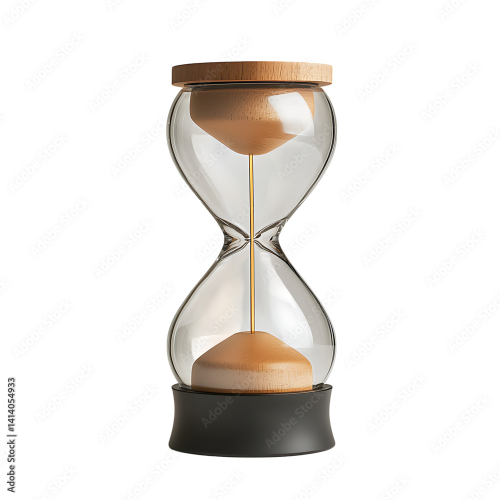 Glass hourglass with black frame and bronze accents showing flowing sand between chambers used to represent time passage on a transparent background