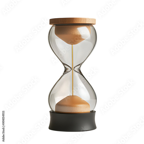 Obraz na płótnie Glass hourglass with black frame and bronze accents showing flowing sand between chambers used to represent time passage on a transparent background w salonie