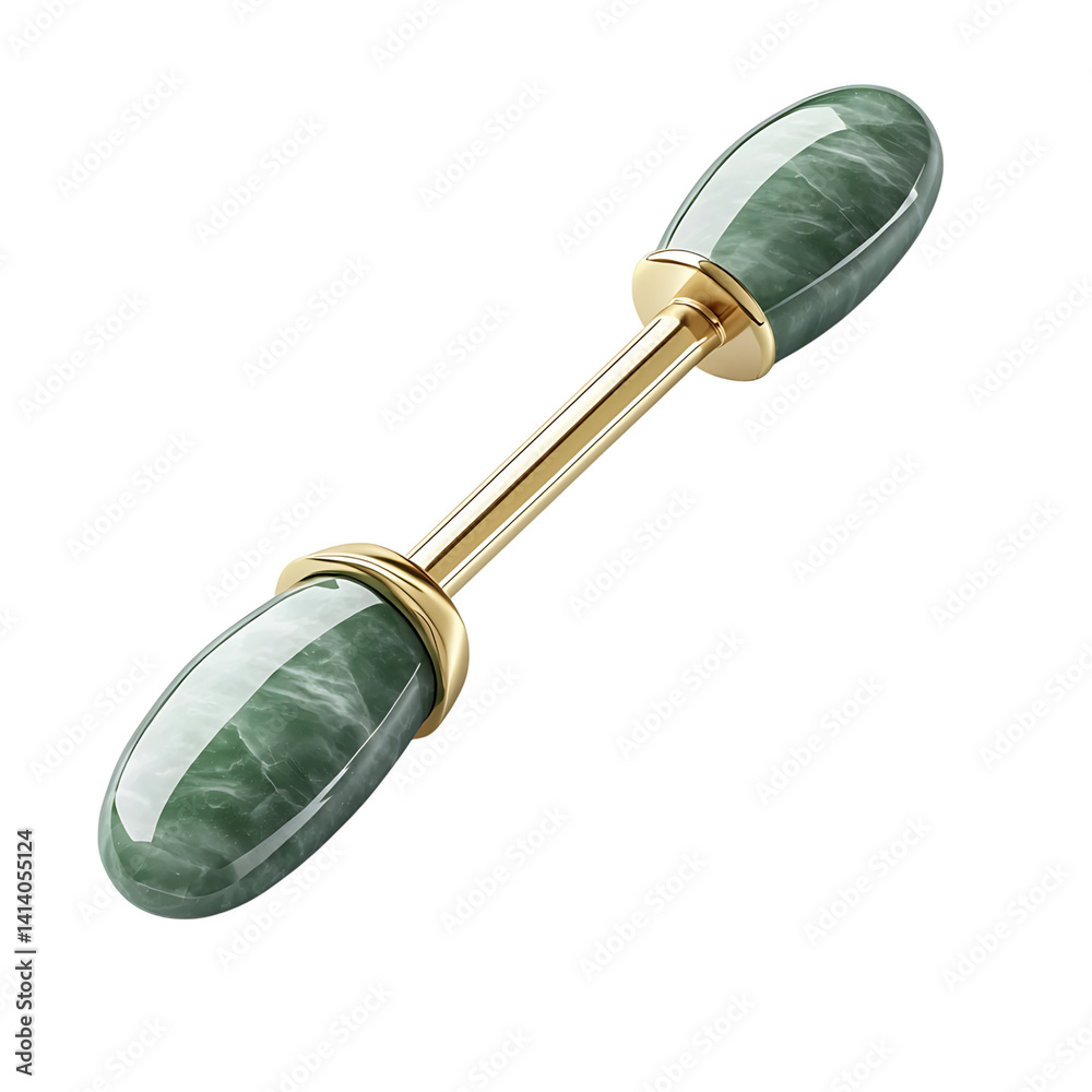 Beauty jade roller with dual oval green stones in gold metal frame used for skincare massage shown upright in realistic detail on a transparent background
