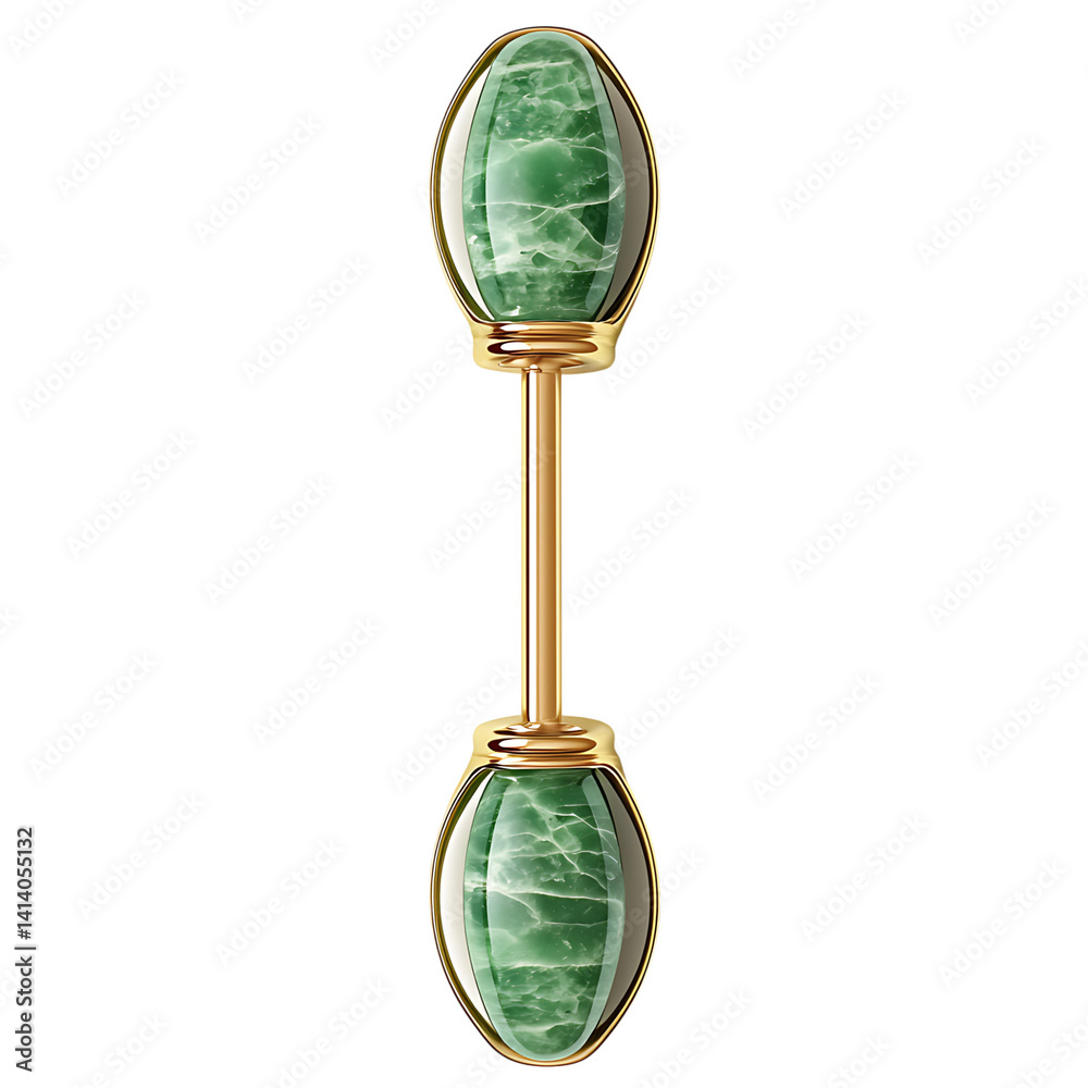 Beauty jade roller with dual oval green stones in gold metal frame used for skincare massage shown upright in realistic detail on a transparent background