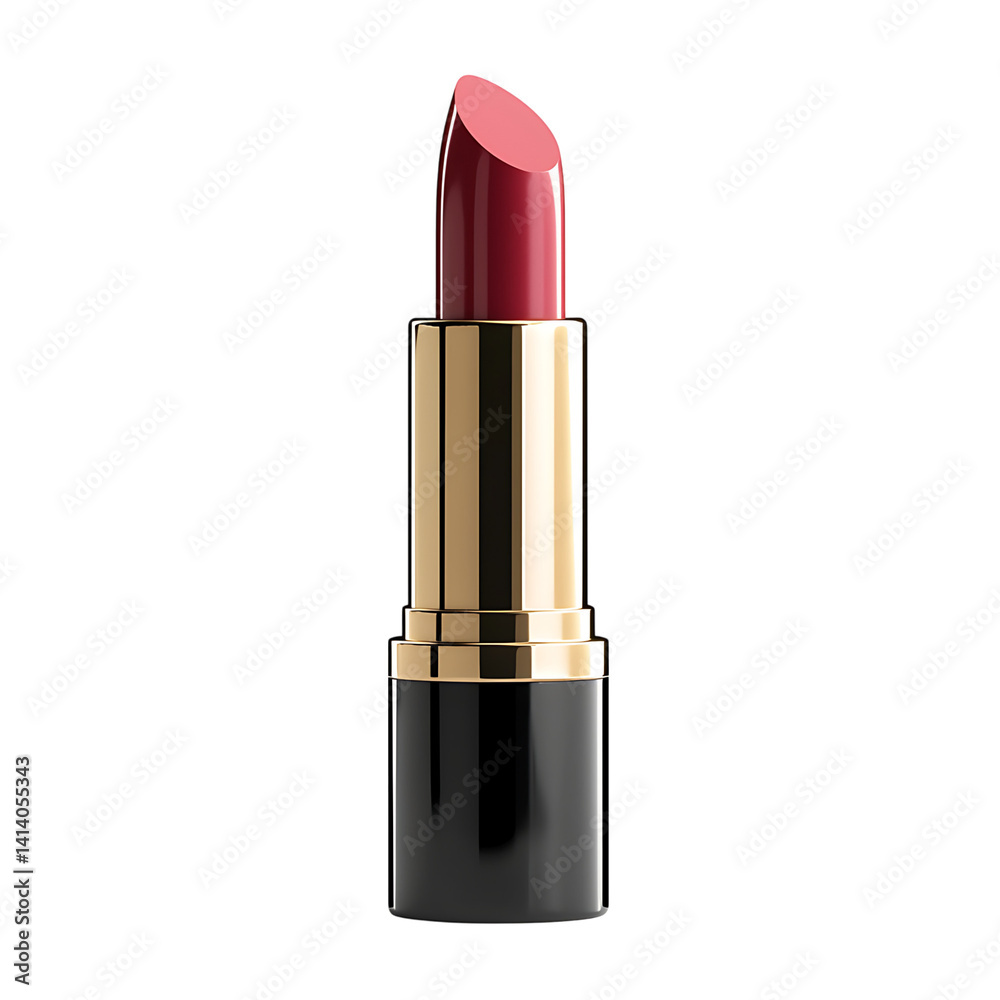 Glossy red lipstick in a gold and black tube with reflective surface upright position and professional clean packaging design on a transparent background