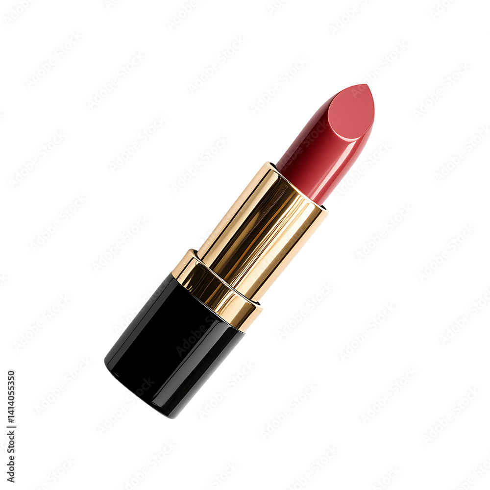 Glossy red lipstick in a gold and black tube with reflective surface upright position and professional clean packaging design on a transparent background