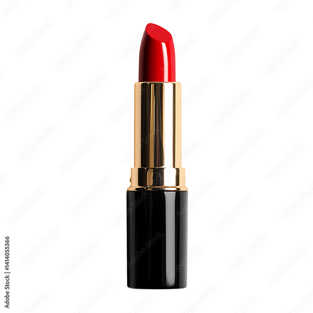 Glossy red lipstick in a gold and black tube with reflective surface upright position and professional clean packaging design on a transparent background
