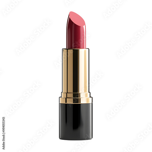 Obraz na płótnie Glossy red lipstick in a gold and black tube with reflective surface upright position and professional clean packaging design on a transparent background w salonie