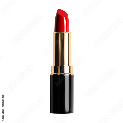 Obraz na płótnie Glossy red lipstick in a gold and black tube with reflective surface upright position and professional clean packaging design on a transparent background w salonie