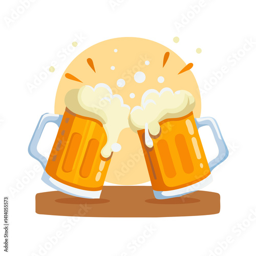 Clinking beer mugs under sun with foam splash