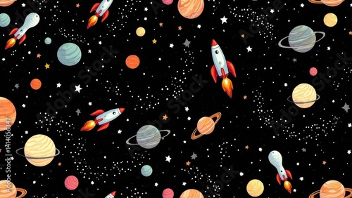 Seamless rocket and planets pattern in space