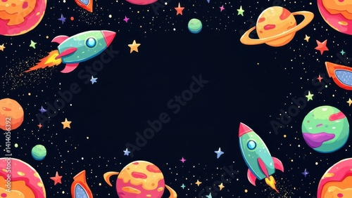 Cartoon space frame with rockets and planets