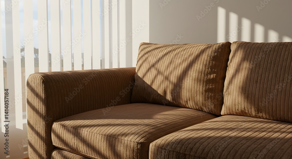 Fototapeta premium Sunlit Brown Sofa with Cozy Room.
