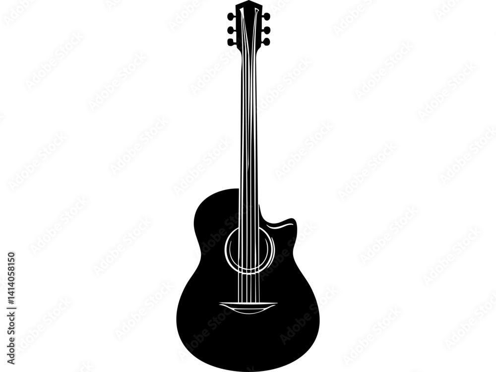 Fototapeta premium Black Silhouette of Acoustic Guitar on White Background