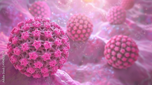 Close-up of Human Papillomavirus (HPV) affecting skin cells, highlighting the virus and the early stages of infection.

