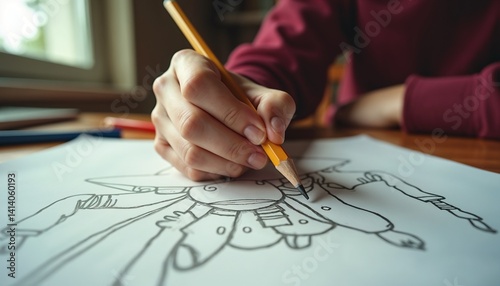 Hand drawing a spider illustration with pencil at a desk  