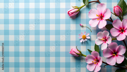 Decorative pink flowers on a blue checkered background  