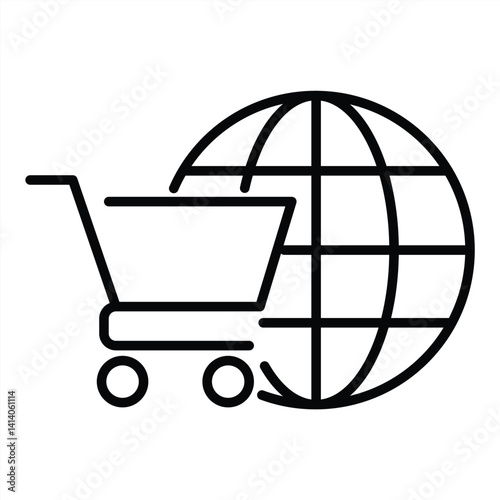 shopping cart icon overlaid on a globe, representing global online shopping. vector illustration