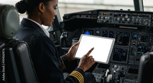 Female Pilot Using Tablet in Airplane Cockpit