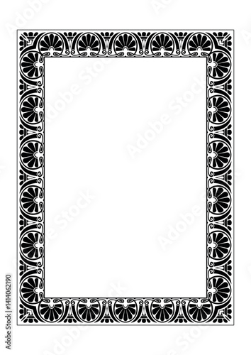 Elegant frame for design in Greek, Roman, Byzantium style, place for text. Lower Empire. Floral monochrome border. Frame for invitation, greeting card, Diploma, certificate, embroidery