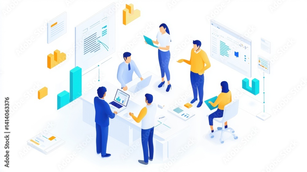 Collaborative business team analyzing data and charts, isometric illustration Collaborative business team analyzing data and charts, isometric illustration