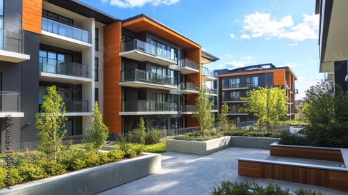 Modern apartment complex courtyard with lush greenery. photo