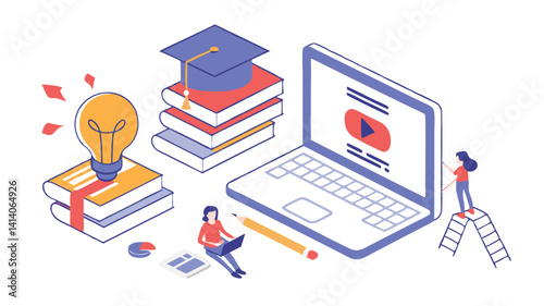 Online Education Isometric Illustration Featuring Learning Resources And Students Engaging With Technology For Skill Development And Academic Growth
