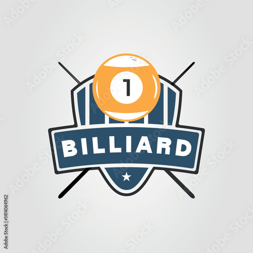 Billiard logo featuring a cue stick and the number one ball, ideal for sports bars, pool halls, and billiards tournaments.