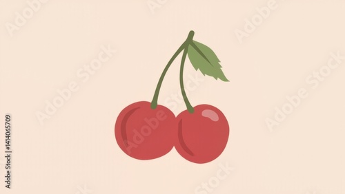 Fresh cherry pair with green leaves