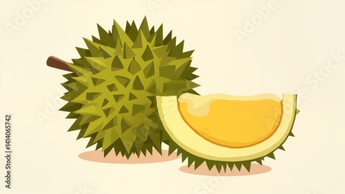 Durian fruit with thorny shell and yellow flesh