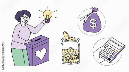 Woman With Lightbulb Idea And Donation Box Illustrating Financial Planning And Charitable Giving With Money Saving And Calculation