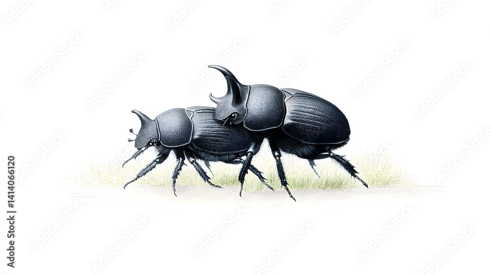 A real Spanish dung beetle, featuring one male and one female, both black and closely paired, isolated on a neutral background.