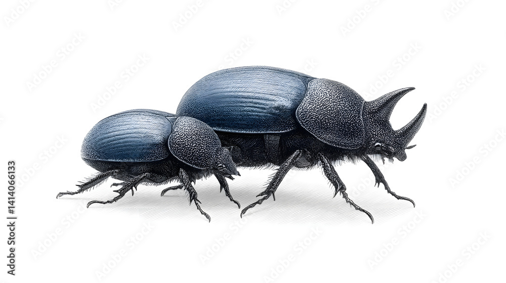 A real Spanish dung beetle, featuring one male and one female, both black and closely paired, isolated on a neutral background.
