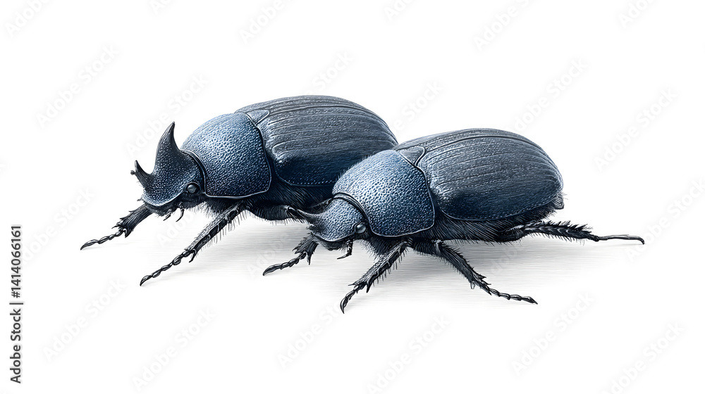 A real Spanish dung beetle, featuring one male and one female, both black and closely paired, isolated on a neutral background.