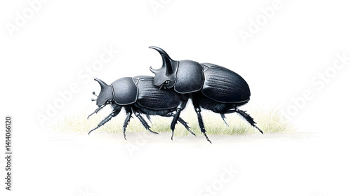 Obraz na płótnie A real Spanish dung beetle, featuring one male and one female, both black and closely paired, isolated on a neutral background.
w salonie