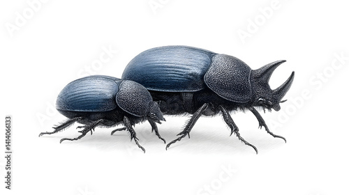 A real Spanish dung beetle, featuring one male and one female, both black and closely paired, isolated on a neutral background.
