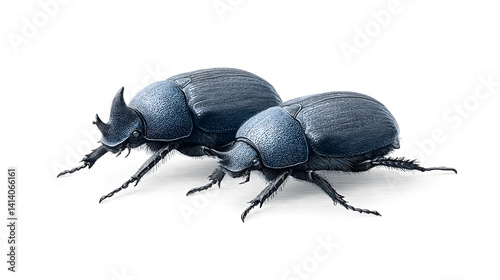 Obraz na płótnie A real Spanish dung beetle, featuring one male and one female, both black and closely paired, isolated on a neutral background.
w salonie