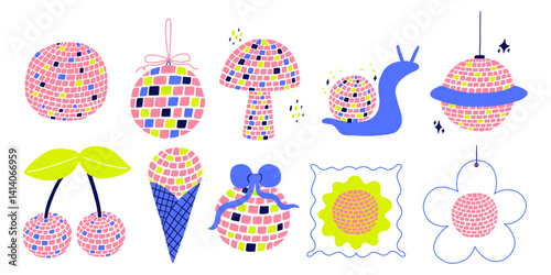 Disco ball party set. Mirror music dance ball. Vector illustration