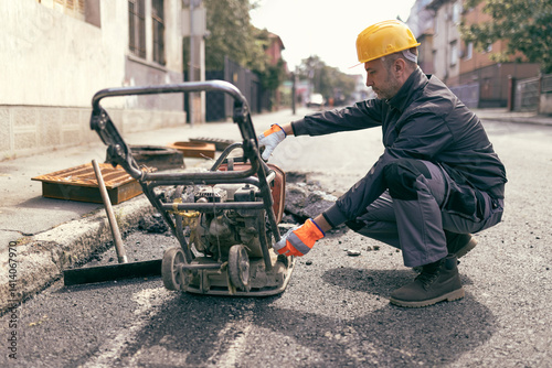 Obraz na płótnie Construction worker working on a public city road reconstruction w salonie