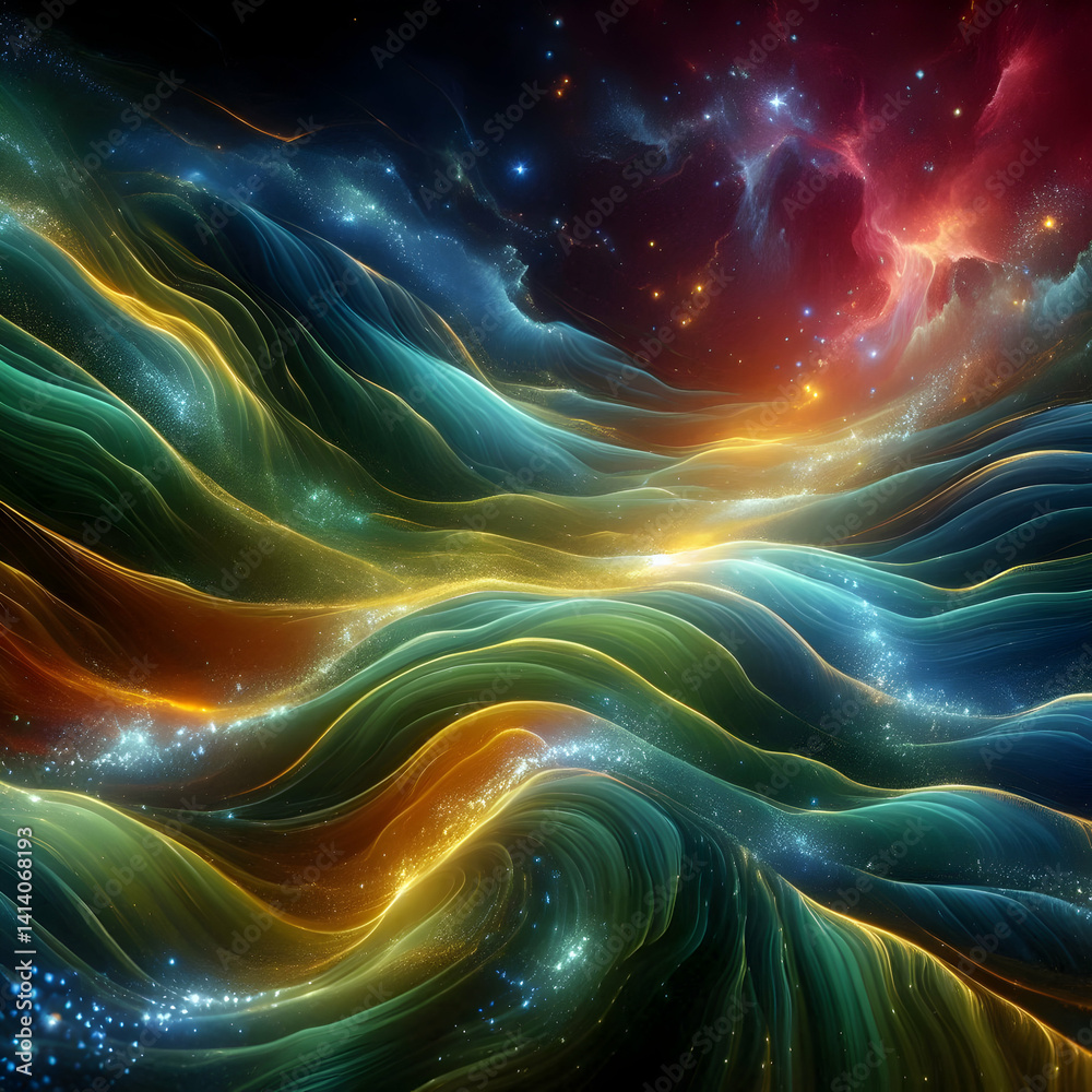 Fototapeta premium Cosmic abstract waves in deep glowing edges with star sparkles, layered like galactic hills