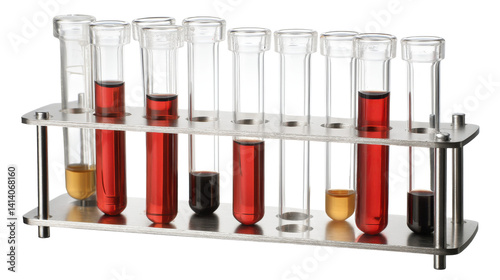 Chemical Reactions: A Collection of Laboratory Glass Test Tubes Filled with Different Colored Solutions and Arranged in a Metal Rack for Scientific Experimentation