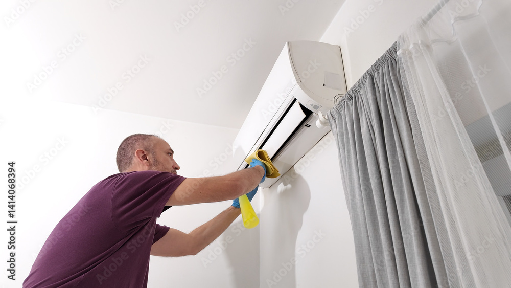 Man cleaning and maintaining air condition unit at home.