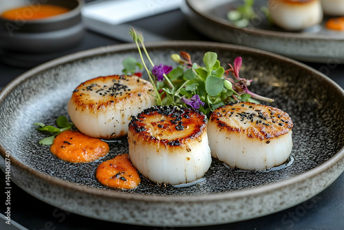 Seared scallops gourmet food photography high end cuisine