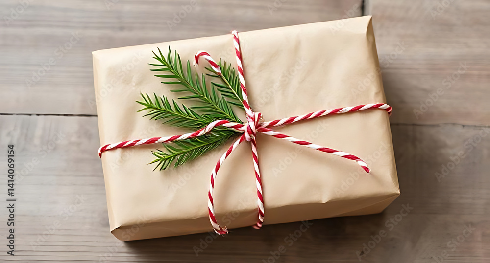 Festive Gift Wrapped in Kraft Paper with Twine and Evergreen Sprig

