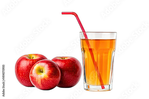 a refreshing glass of apple juice with a red straw accompanied by three shiny red apples showcasing the natural connection between fruit and juice