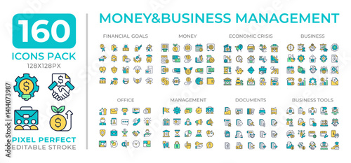Money and business management colorful icons set collection. Corporate financial transactions control mega pack of flat line symbols, pixel perfect. Isolated vector illustrations. Editable stroke