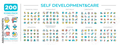 Self development and care colorful icons set collection. Mental and physical health. Personal improvement mega pack of flat line symbols, pixel perfect. Isolated vector illustrations. Editable stroke