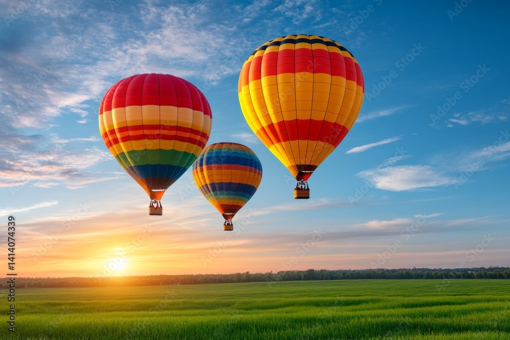 Naklejka premium A cluster of hot air balloons rising into the sky at a sunrise festival