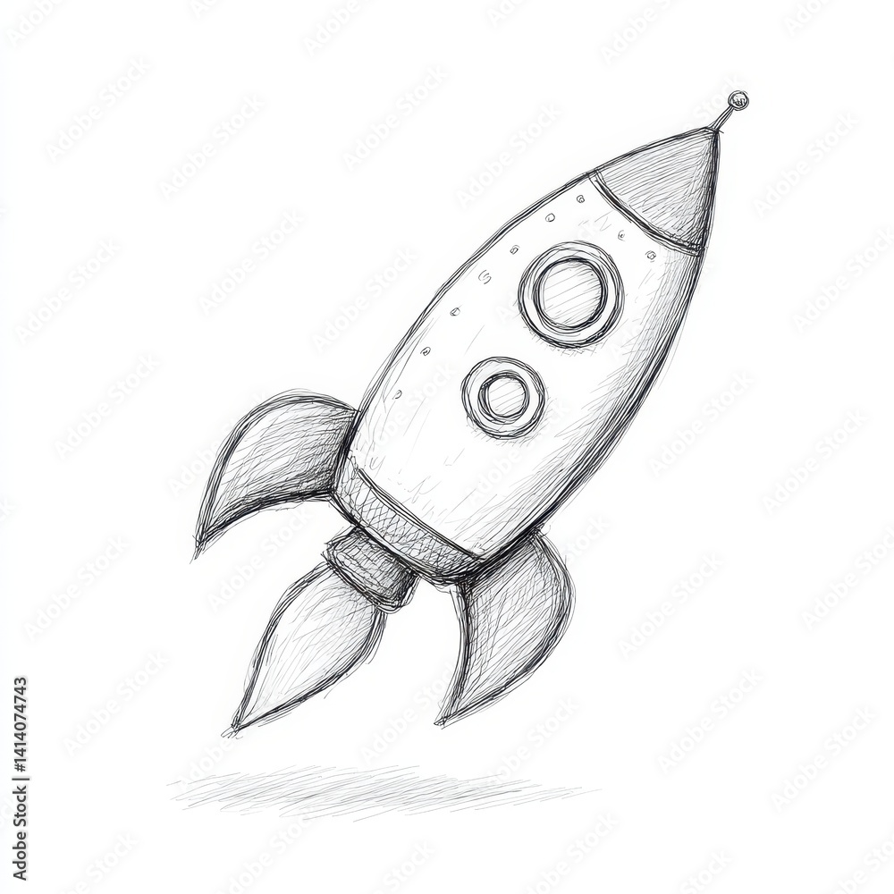 Fototapeta premium Hand drawn sketch of a rocket ship taking off. Concept for space exploration, science, and technology.