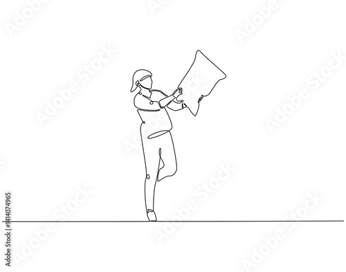 Continuous line drawing of woman holding pillow. Single line illustration of woman playing pillow fight. International pillow fight day concept. Editable outline